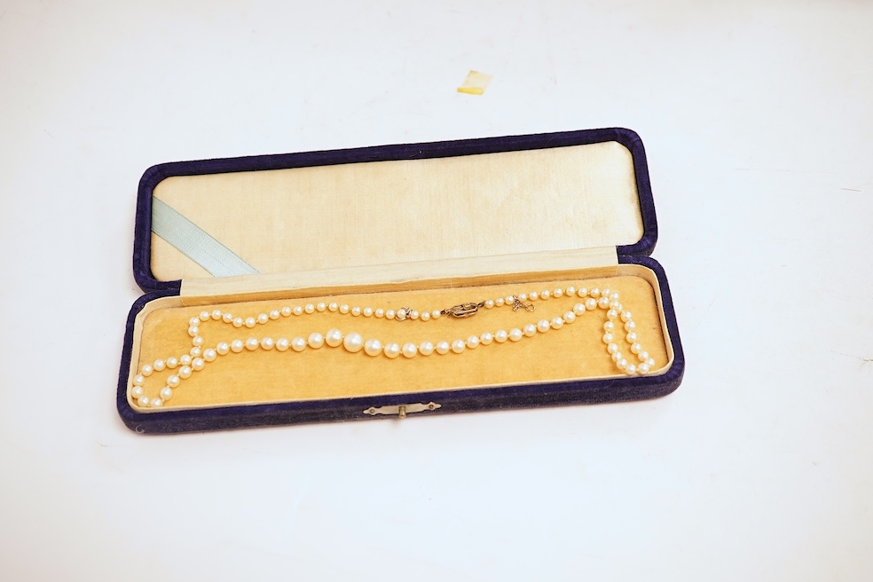 A cultured pearl and diamond necklace, early 20th century, composed of a single strand of graduated natural pearls measuring approximately 3.5-7.9cm, to a clasp set with a circular-cut diamond weighing approximately 0.07